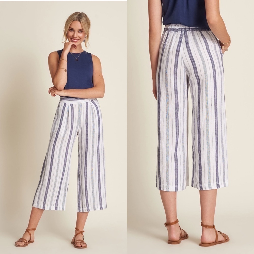 Monsoon Linen Blends Boho Palazzo Cotton Linen Culottes Patriot Blue Stripe 8